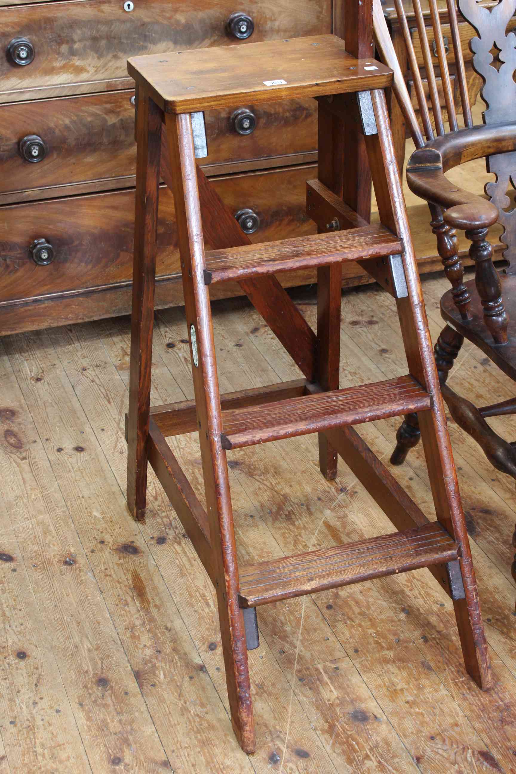 Stained pine library steps bearing label for Slingsby-Steelback Patent Sliding Ladder, 168cm high. - Image 2 of 3