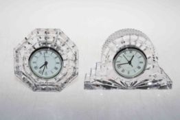 Two Waterford crystal mantel clocks, tallest 13cm.