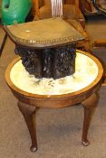 Victorian carved oak corner wall bracket and circular needlework panelled top coffee table (2).