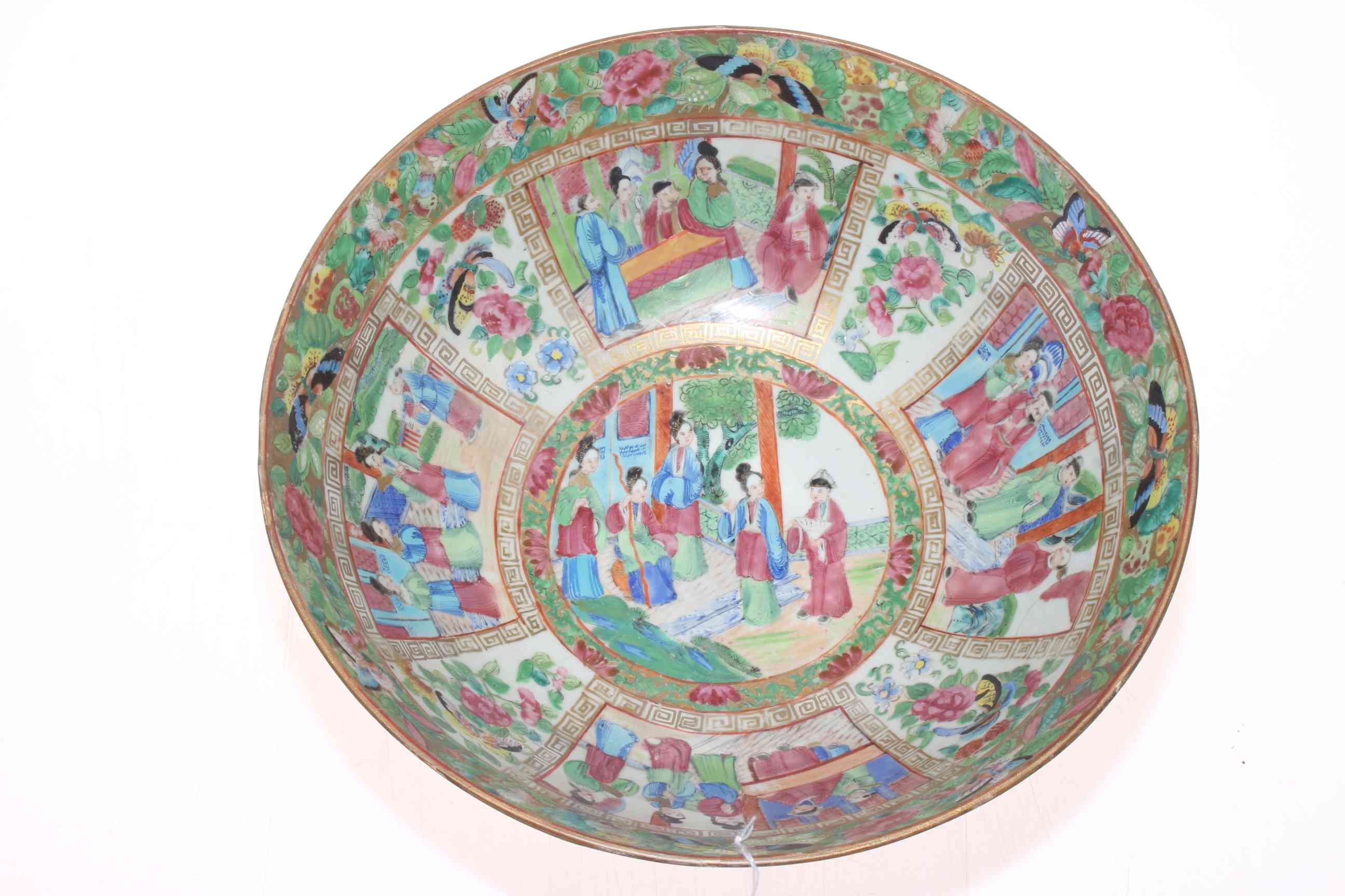 Large Chinese famille rose bowl with many panels of figures on foliate and butterfly ground, - Image 2 of 3