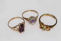 Two 9 carat gold and one unmarked gem set rings (3).