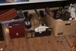 Three boxes of metalwares, teddy bear, glass, single records, cased binoculars, etc.