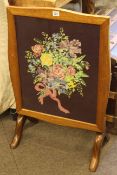 Needlework panelled folding screen-table carved with kingfisher motif.