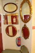 Collection of six various wall mirrors including Deco style and gilt framed.