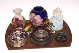 Tray lot with three pieces Moorcroft, Derby Imari saucers, Coalport Goose Girl,