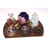 Tray lot with three pieces Moorcroft, Derby Imari saucers, Coalport Goose Girl,