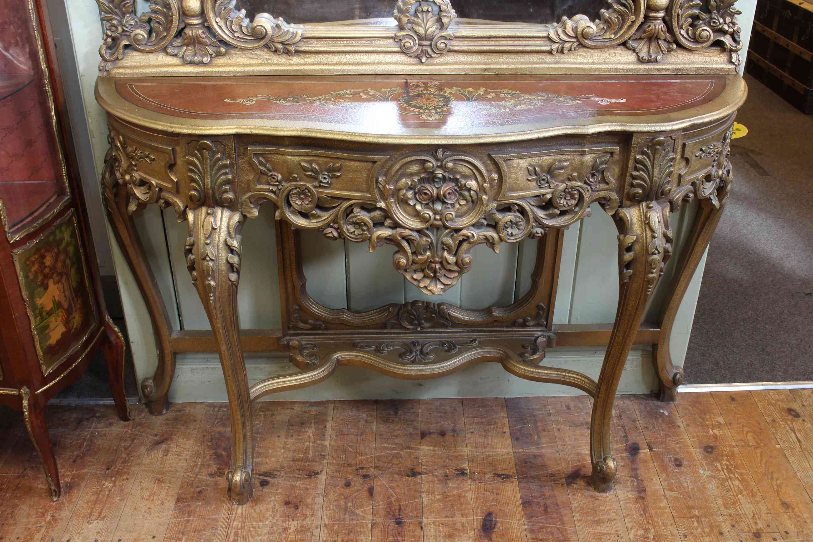 Gilt and floral swag painted serpentine front console table and mirror, 236cm high by 142cm wide. - Image 2 of 3