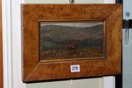 19th Century oil on board of Huntsman and Hounds, 11cm by 21cm, in maple frame.