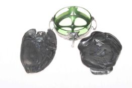Liberty pewter four leg and green glass dish, 14cm across, together with two Art Nouveau dishes (3).