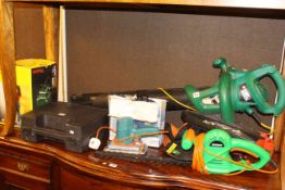 Black & Decker garden mulcher, garden vac, hedge trimmer and collection of power tools.