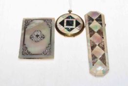 Victorian mother of pearl spectacle case, front and backs, and later compact (3).