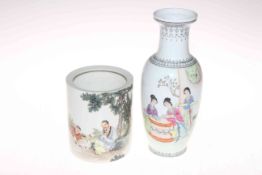 Chinese porcelain brush pot with figures in rural landscape, 14cm,