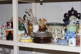 Pottery mantel clock, two cherub centre pieces, Crown Ducal vase and others, teawares, etc.