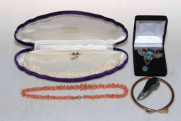 Coral necklace, two 'pearl' necklaces, 9ct gold bangle, insect brooch and pin cushion (6).