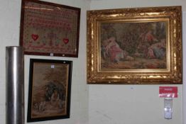 19th Century framed French sampler, framed needlework and gilt framed tapestry (3).