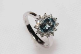 18 carat white gold aquamarine and diamond ring,