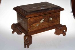 Wooden bone inlaid casket with elephants on elephant feet decoration, 46cm by 36cm by 30cm.