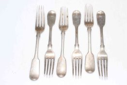 Six Victorian silver fiddle pattern dessert forks, London 1839 and 1843.