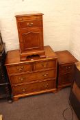 Yew four drawer chest and pair similar bedside pedestals (3).