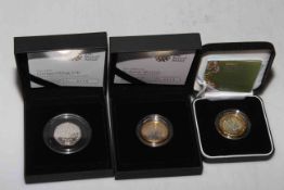 Three silver proof piedfort coins by The Royal Mint.