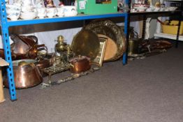 Collection of copper and brass wares including coal scuttle, planters, oil burners, kettle,