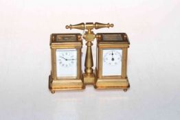 French gilt brass miniature carriage clock and barometer desk piece, having bevelled glass sides,