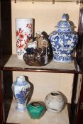 Collection of six pieces of Chinese ceramics including hexagonal figure vase.