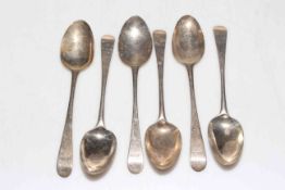 Set of six early George III silver Old English pattern tong teaspoons.