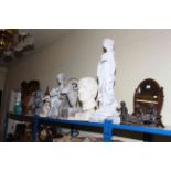 Collection of garden statuary, stone bottles, brass coal bin, two camels, toilet mirror, etc.
