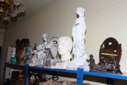 Collection of garden statuary, stone bottles, brass coal bin, two camels, toilet mirror, etc.