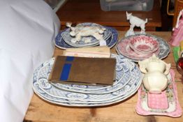 Five Old Chelsea blue and white plates, printed wares, Worcester wall pocket, Doulton setter,