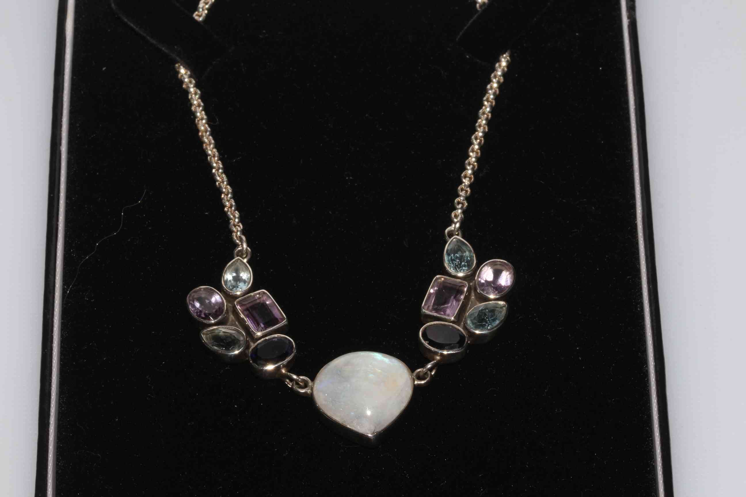 Silver opaline and gem set necklace, boxed.