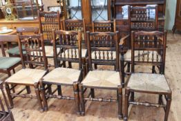 Early 19th Century well matched set of eight Lancashire spindle back and rush seated dining chairs