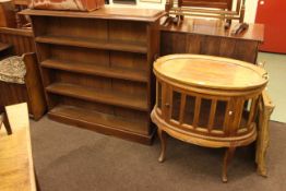 Oak four tier open bookcase and tray top oval cocktail cabinet (2).