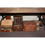 Two nests of drawers, grease guns, vintage keys, etc.