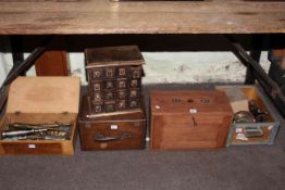 Two nests of drawers, grease guns, vintage keys, etc.