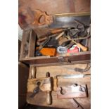 Tool box containing planes, saws and various tools (box 23cm by 59cm by 30cm).