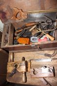 Tool box containing planes, saws and various tools (box 23cm by 59cm by 30cm).