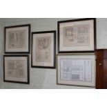 Set of five framed architectural prints.