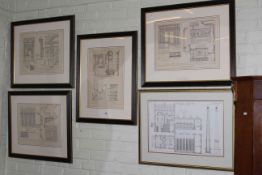 Set of five framed architectural prints.