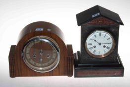 Victorian slate arch mantel clock and a 1930's walnut mantel clock.