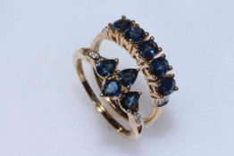 Sapphire and diamond 9k gold ring with four pear shaped sapphires size P/O, with certificate,