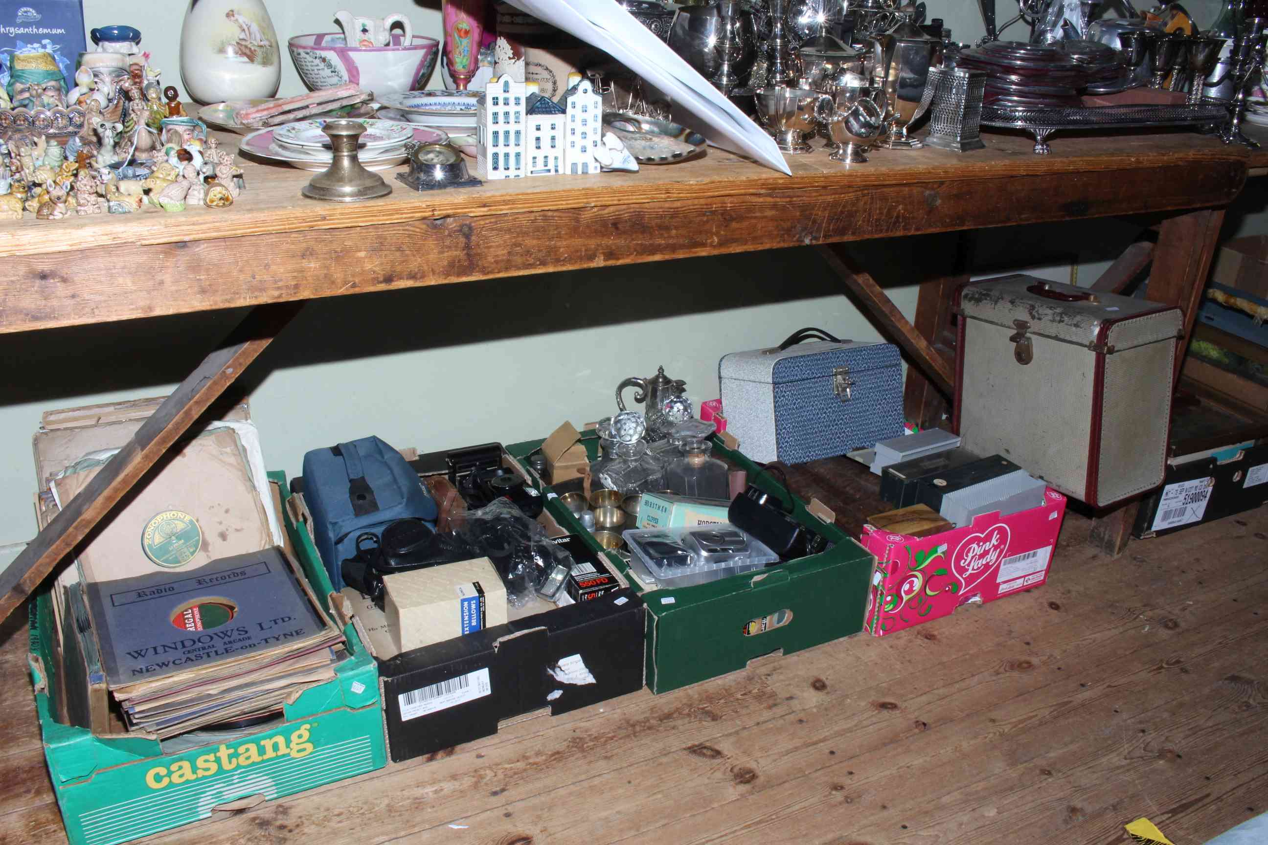 Five boxes of gramophone records, cameras (Vivitar, Kershaw etc), metalwares (binoculars, flask),