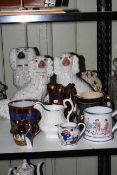 Collection of Victorian porcelain including Staffordshire dogs, frog mug, lustre jugs, etc.