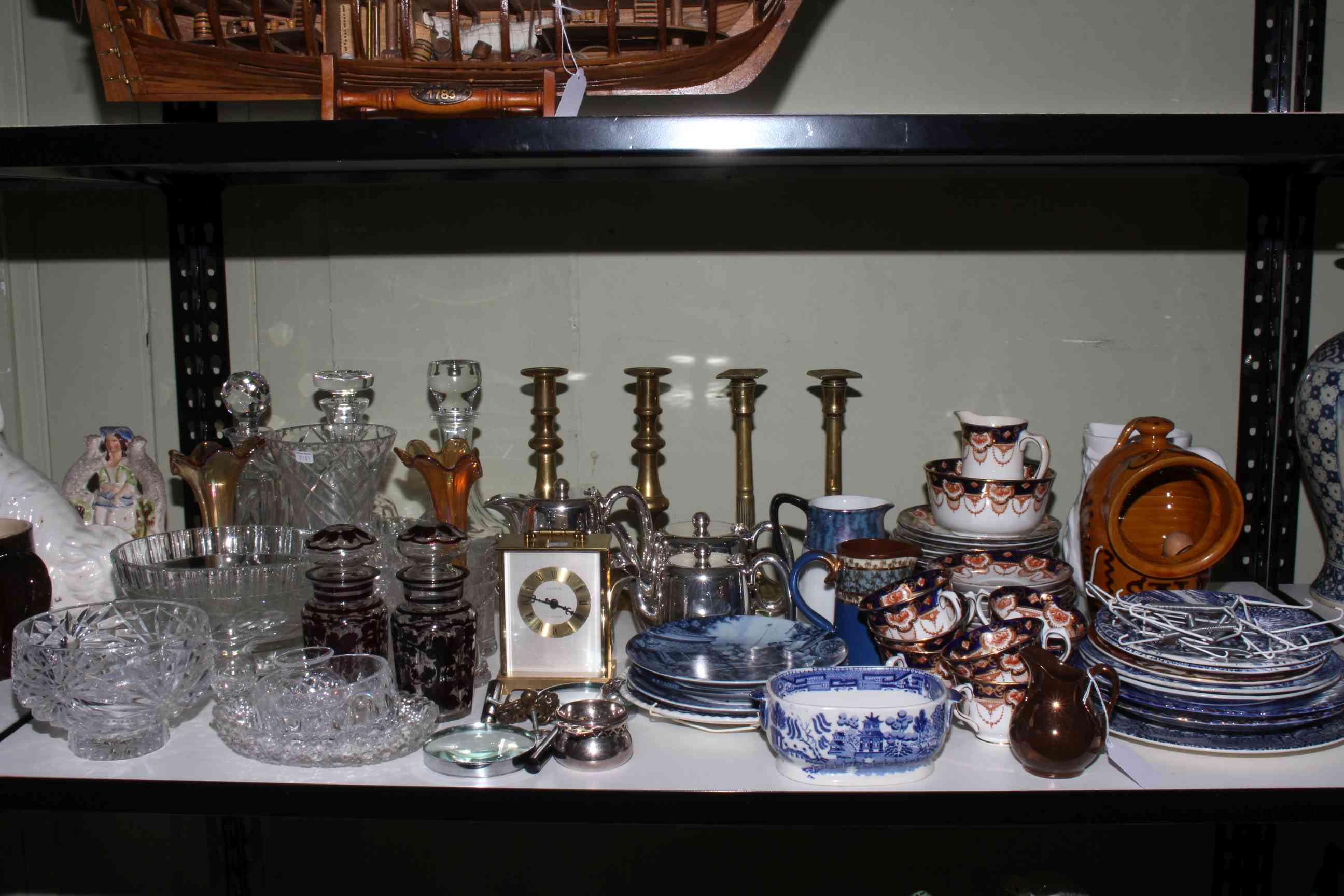 Collection of Victorian china, glass, metalwares, blue and white plates, carriage clock, etc.