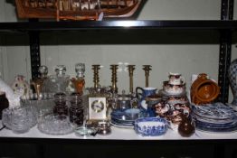 Collection of Victorian china, glass, metalwares, blue and white plates, carriage clock, etc.