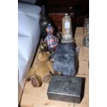 Collection of antiques including Georgian miniature chest, vintage teddy, double gourd vase,