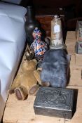 Collection of antiques including Georgian miniature chest, vintage teddy, double gourd vase,