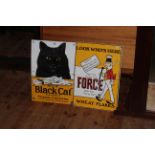 Two enamel signs 'Black Cat' and 'Force Wheat Flakes', largest 52cm by 35.5cm.