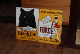 Two enamel signs 'Black Cat' and 'Force Wheat Flakes', largest 52cm by 35.5cm.